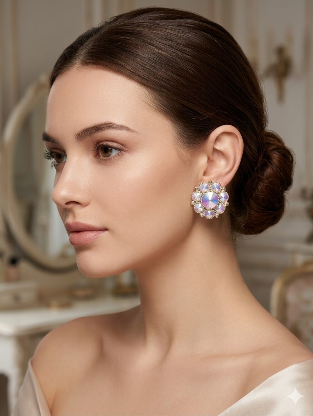 Aurora Crystal Cluster Statement Clip On Earrings - Iridescent Gold